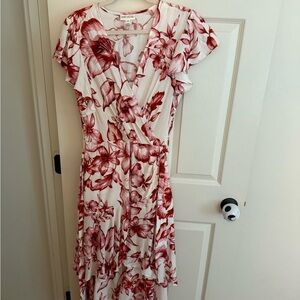 Floral Wrap Midi Dress in Red and White
